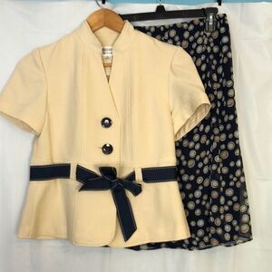 Studio I Petite Suit Skirt PolkaDot Cream/Blue Short Sleeve Size 6 Petite